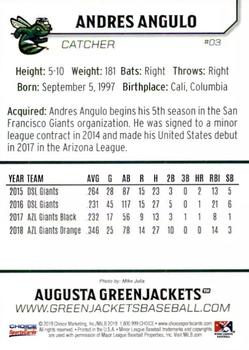 2019 Choice Augusta GreenJackets #3 Andres Angulo Back