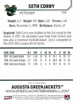 2019 Choice Augusta GreenJackets #5 Seth Corry Back