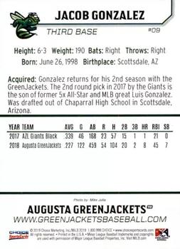 2019 Choice Augusta GreenJackets #9 Jacob Gonzalez Back