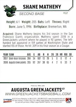 2019 Choice Augusta GreenJackets #12 Shane Matheny Back