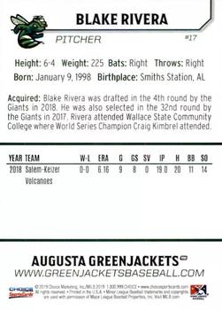 2019 Choice Augusta GreenJackets #17 Blake Rivera Back