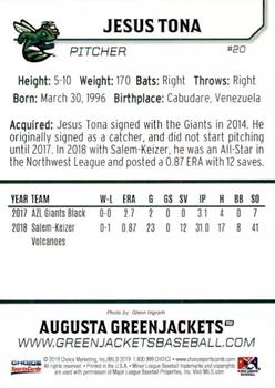 2019 Choice Augusta GreenJackets #20 Jesus Tona Back
