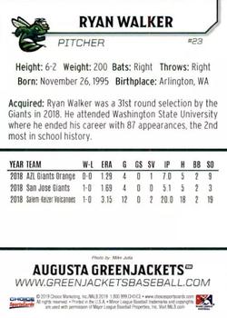 2019 Choice Augusta GreenJackets #23 Ryan Walker Back
