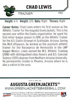 2019 Choice Augusta GreenJackets #30 Chad Lewis Back