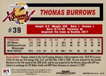 2019 Grandstand Mississippi Braves #NNO Thomas Burrows Back