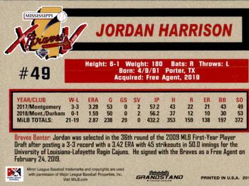 2019 Grandstand Mississippi Braves #NNO Jordan Harrison Back