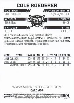 2019 Choice Midwest League Top Prospects #04 Cole Roederer Back