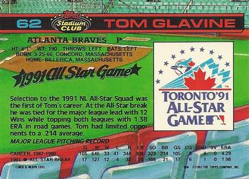 1992 Stadium Club Dome #62 Tom Glavine Back