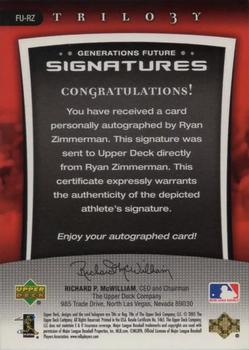 2005 Upper Deck Trilogy - Generations Future Signatures Bronze #FU-RZ Ryan Zimmerman Back