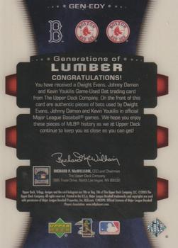 2005 Upper Deck Trilogy - Generations of Lumber Triple #GEN-EDY Dwight Evans / Johnny Damon / Kevin Youkilis Back
