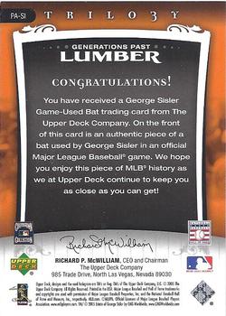 2005 Upper Deck Trilogy - Generations Past Lumber Silver #PA-SI George Sisler Back