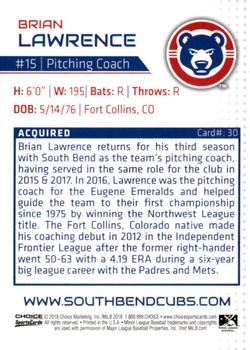 2018 Choice South Bend Cubs #30 Brian Lawrence Back