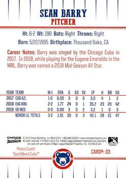 2019 Choice South Bend Cubs #03 Sean Barry Back