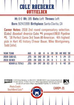 2019 Choice South Bend Cubs #21 Cole Roederer Back