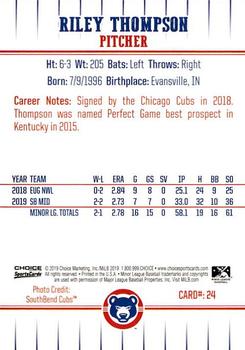 2019 Choice South Bend Cubs #24 Riley Thompson Back