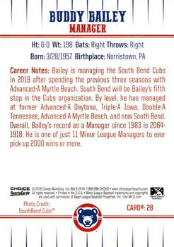 2019 Choice South Bend Cubs #28 Buddy Bailey Back