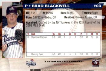 2004 Choice Staten Island Yankees #03 Brad Blackwell Back
