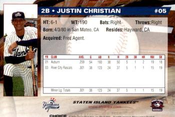 2004 Choice Staten Island Yankees #05 Justin Christian Back