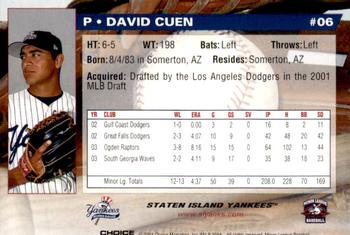 2004 Choice Staten Island Yankees #06 David Cuen Back