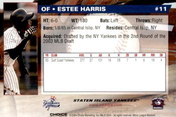 2004 Choice Staten Island Yankees #11 Estee Harris Back