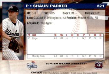 2004 Choice Staten Island Yankees #21 Shaun Parker Back
