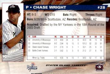 2004 Choice Staten Island Yankees #28 Chase Wright Back
