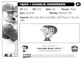 2004 Choice Pulaski Blue Jays #01 Charlie Anderson Back