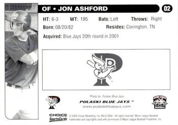 2004 Choice Pulaski Blue Jays #02 Jon Ashford Back