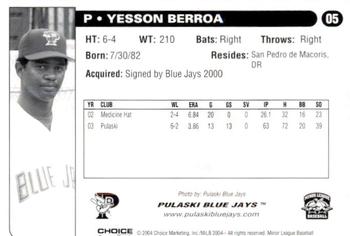 2004 Choice Pulaski Blue Jays #05 Yesson Berroa Back