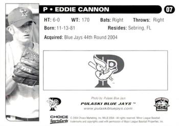 2004 Choice Pulaski Blue Jays #07 Eddie Cannon Back