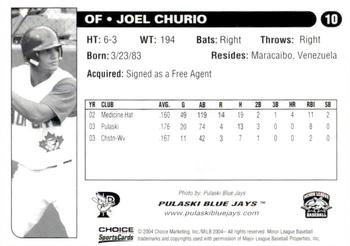 2004 Choice Pulaski Blue Jays #10 Joel Churio Back