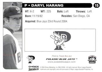 2004 Choice Pulaski Blue Jays #15 Daryl Harang Back
