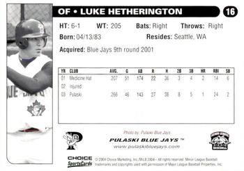 2004 Choice Pulaski Blue Jays #16 Luke Hetherington Back