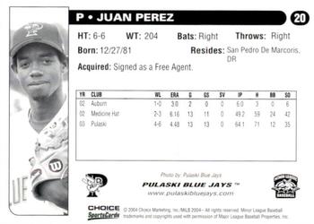2004 Choice Pulaski Blue Jays #20 Juan Perez Back