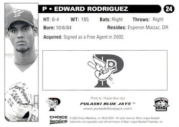 2004 Choice Pulaski Blue Jays #24 Edward Rodriguez Back