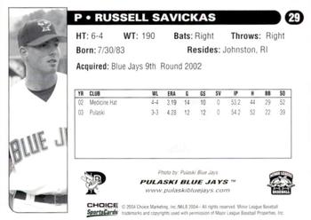 2004 Choice Pulaski Blue Jays #29 Russell Savickas Back