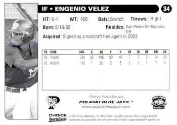 2004 Choice Pulaski Blue Jays #34 Engenio Velez Back