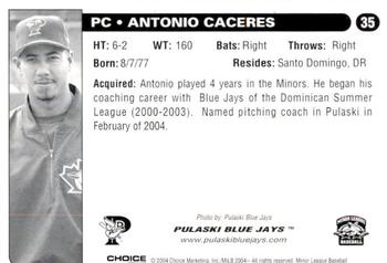 2004 Choice Pulaski Blue Jays #35 Antonio Caceres Back