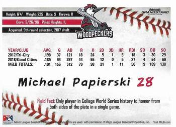 2019 Grandstand Fayetteville Woodpeckers #NNO Michael Papierski Back
