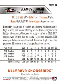 2019 Choice Delmarva Shorebirds #04 Seamus Curran Back