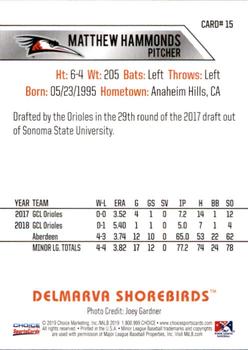 2019 Choice Delmarva Shorebirds #15 Matthew Hammonds Back