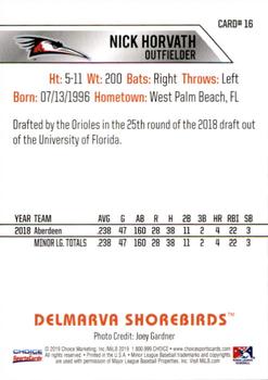 2019 Choice Delmarva Shorebirds #16 Nick Horvath Back