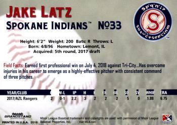 2018 Grandstand Spokane Indians #19 Jake Latz Back