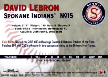 2018 Grandstand Spokane Indians #21 David Lebron Back