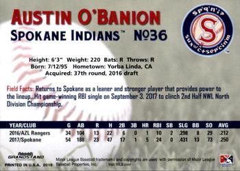2018 Grandstand Spokane Indians #28 Austin O'Banion Back