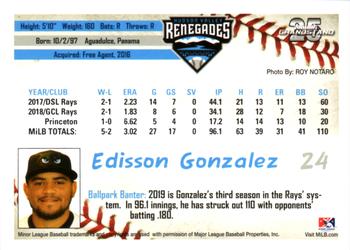 2019 Grandstand Hudson Valley Renegades #NNO Edisson Gonzalez Back