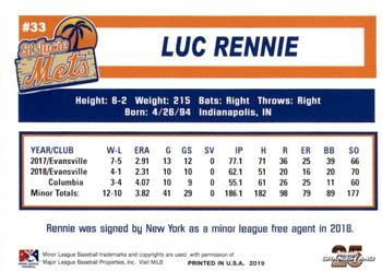2019 Grandstand St. Lucie Mets #NNO Luc Rennie Back
