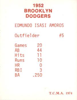 1974 TCMA 1952 Brooklyn Dodgers - Blue/White Red Names / Red Backs #NNO Sandy Amoros Back
