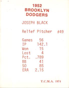 1974 TCMA 1952 Brooklyn Dodgers - Blue/White Red Names / Red Backs #NNO Joe Black Back