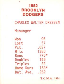 1974 TCMA 1952 Brooklyn Dodgers - Blue/White Red Names / Red Backs #NNO Chuck Dressen Back
